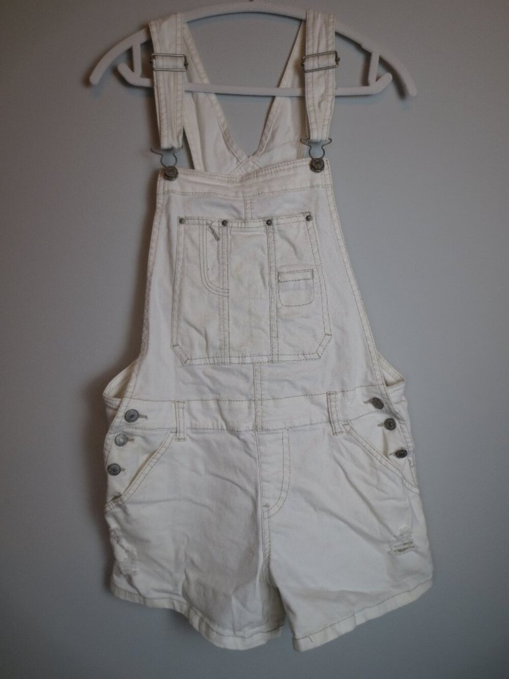 UNION BAY DISTRESSED White Denim Overall Shorts w/RIPS & Pockets